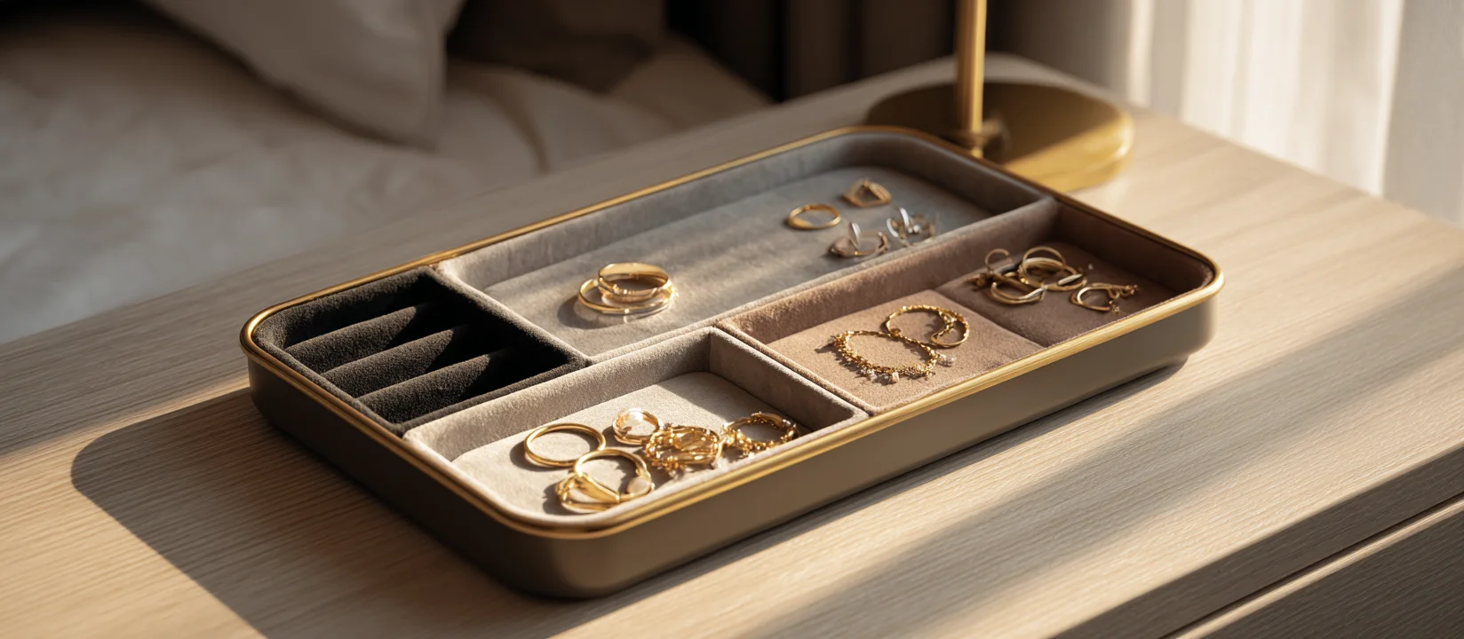 A gold and velvet jewlery trays with removable sections is seen on a nightstand, acting as a versatile custom jewelry tray.